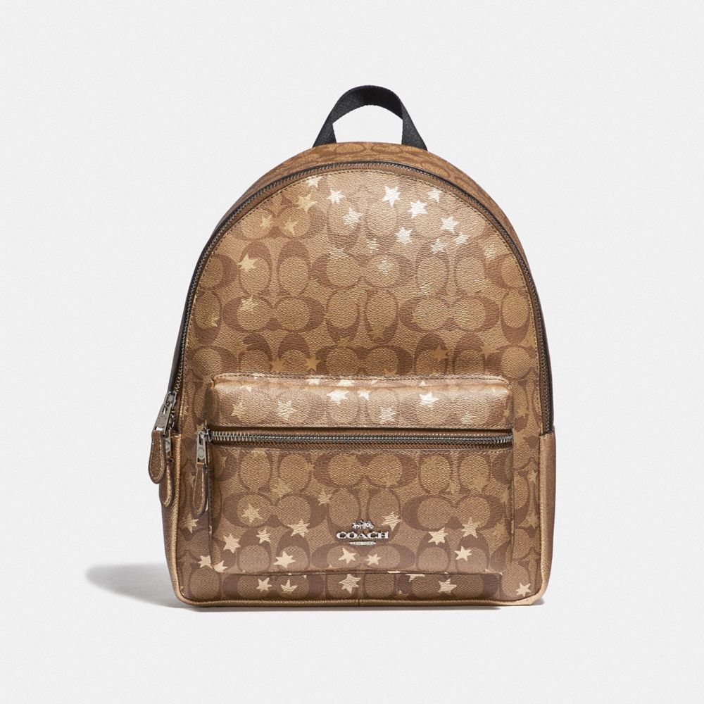 MEDIUM CHARLIE BACKPACK IN SIGNATURE CANVAS WITH POP STAR PRINT - COACH F41298 - KHAKI MULTI /SILVER