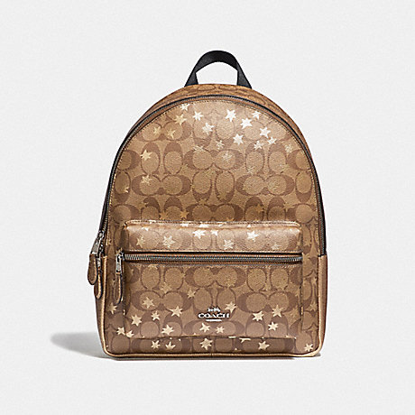 COACH MEDIUM CHARLIE BACKPACK IN SIGNATURE CANVAS WITH POP STAR PRINT - KHAKI MULTI /SILVER - F41298