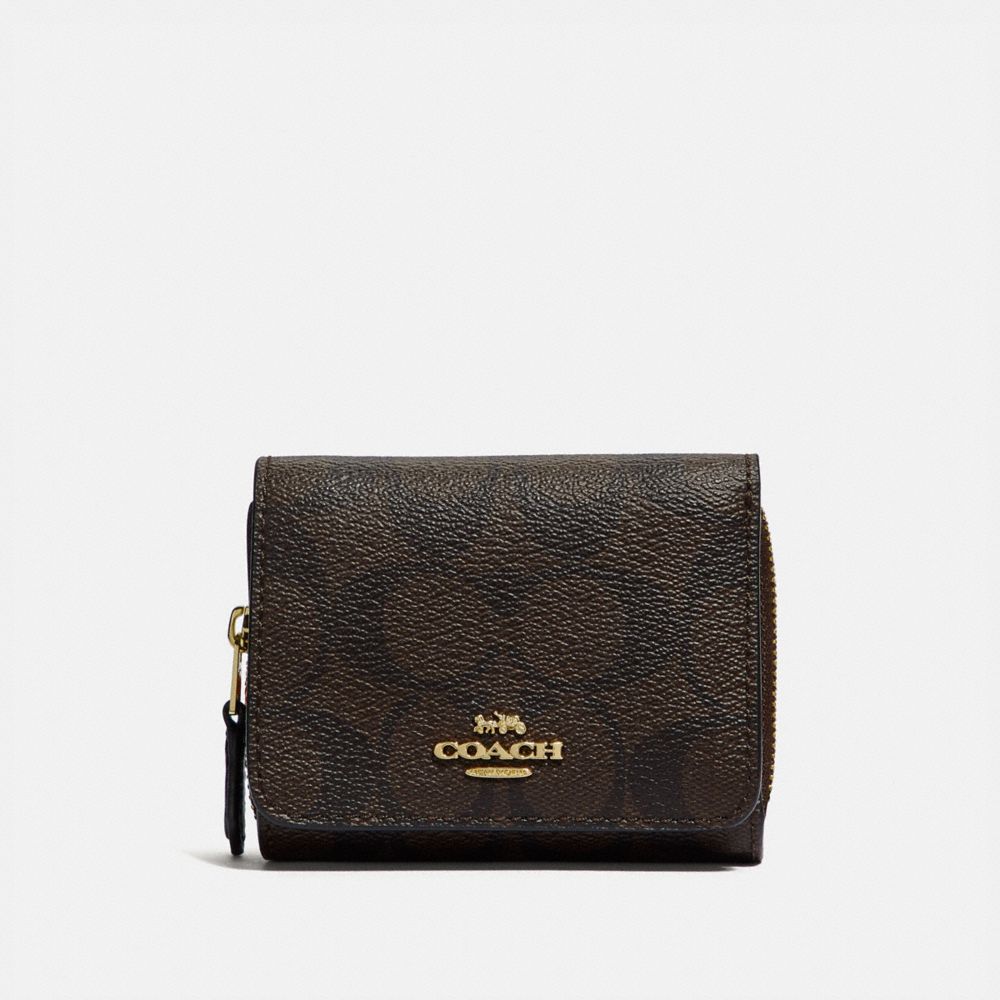 coach trifold wallet signature canvas brown gold light