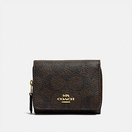 COACH F41302 SMALL TRIFOLD WALLET IN SIGNATURE CANVAS BROWN/BLACK/LIGHT-GOLD