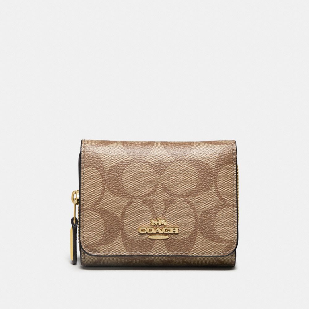 COACH SMALL TRIFOLD WALLET IN SIGNATURE CANVAS - KHAKI/SUNFLOWER/IMITATION GOLD - F41302