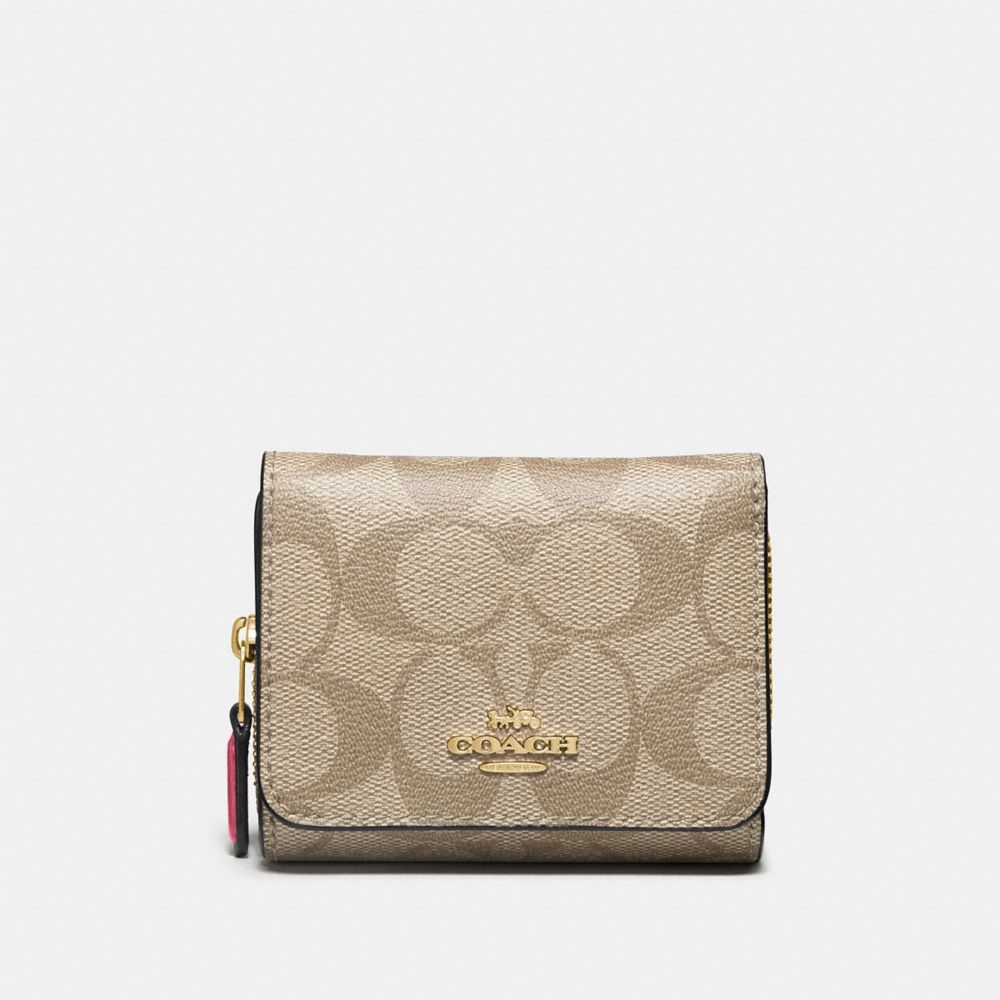 COACH F41302 SMALL TRIFOLD WALLET IN SIGNATURE CANVAS LIGHT-KHAKI/ROUGE/GOLD
