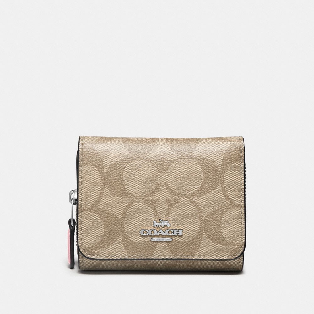 COACH F41302 SMALL TRIFOLD WALLET IN SIGNATURE CANVAS LIGHT-KHAKI/CARNATION/SILVER