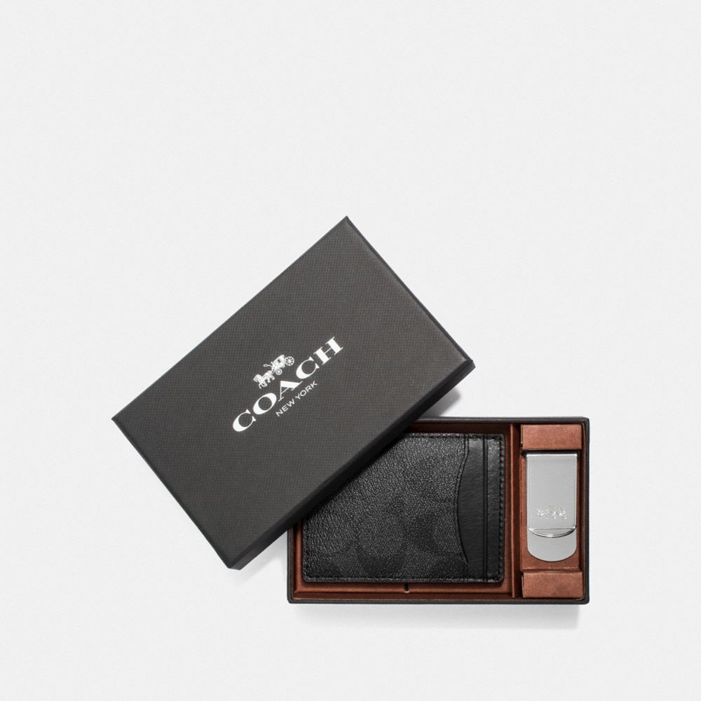 BOXED 3-IN-1 CARD CASE GIFT SET IN SIGNATURE CANVAS - COACH F41344 - BLACK BLACK OXBLOOD/NICKEL
