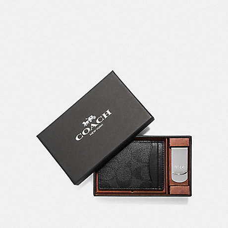 COACH BOXED 3-IN-1 CARD CASE GIFT SET IN SIGNATURE CANVAS - BLACK BLACK OXBLOOD/NICKEL - F41344