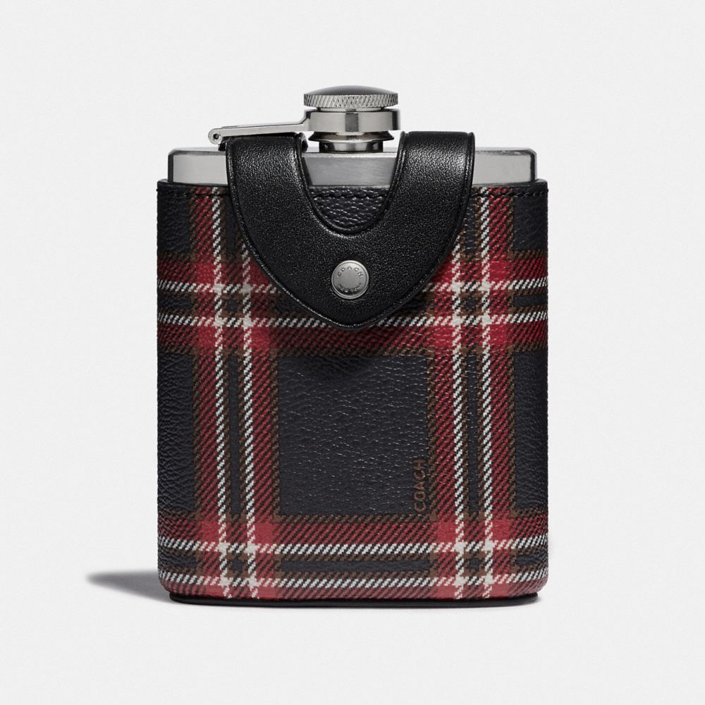 COACH F41347 - FLASK WITH SCRIPT PLAID PRINT MIDNIGHT NAVY MULTI/BLACK ANTIQUE NICKEL