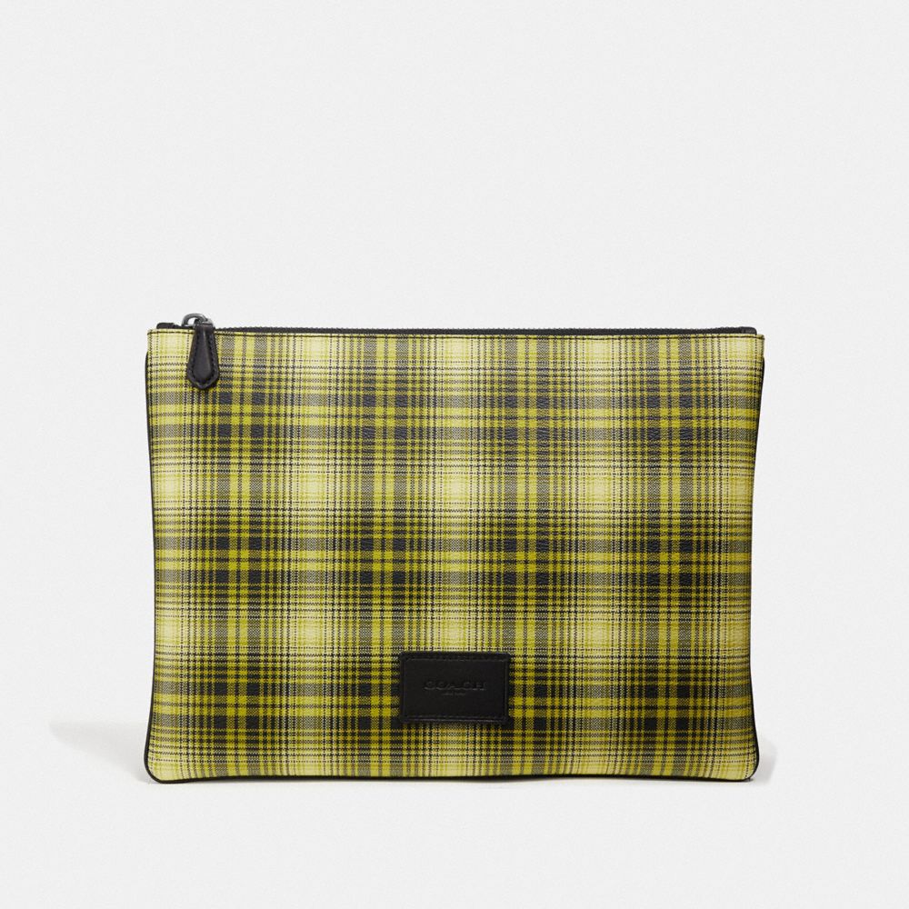 COACH LARGE POUCH WITH SOFT PLAID PRINT - NEON YELLOW MULTI/BLACK ANTIQUE NICKEL - F41349