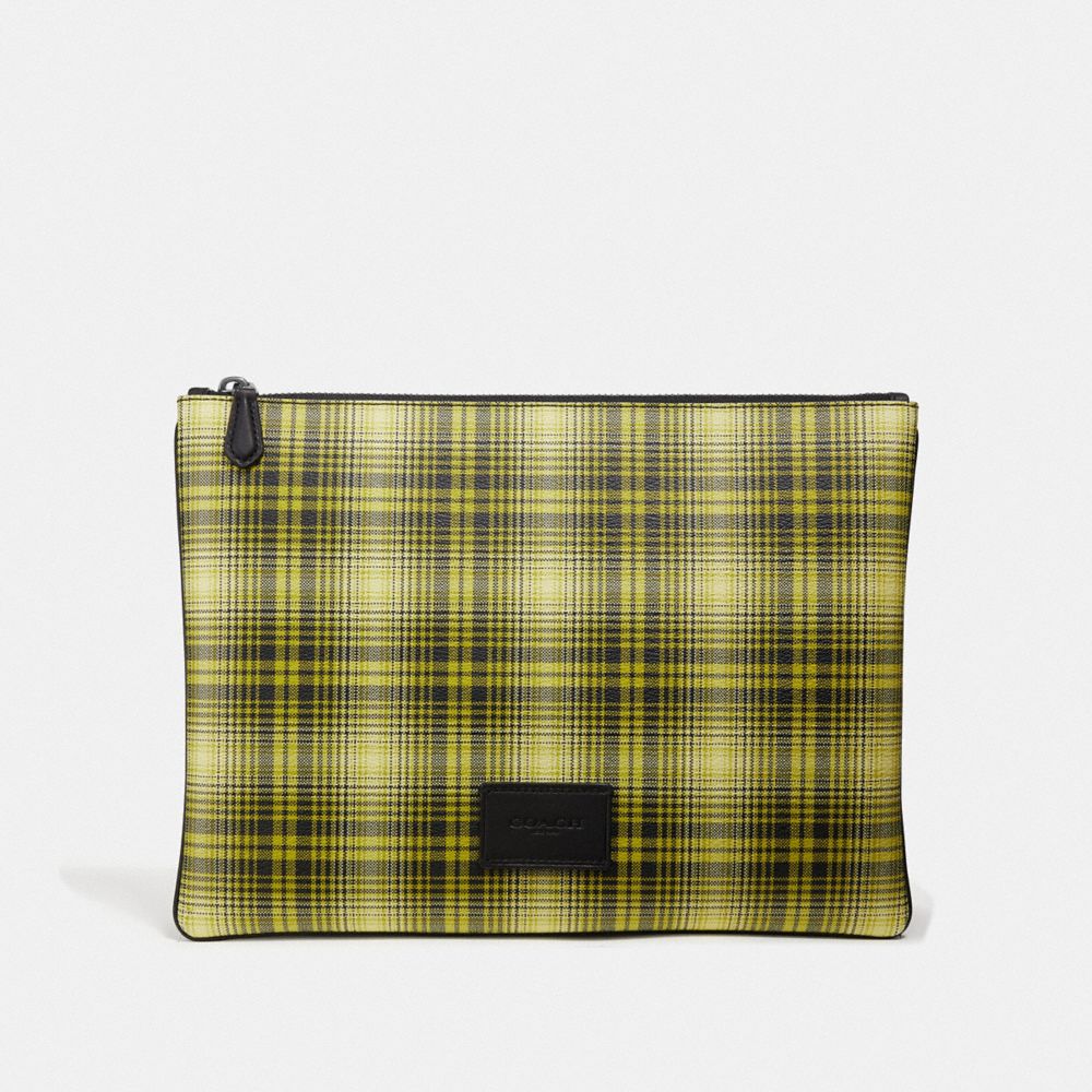 COACH F41349 LARGE POUCH WITH SOFT PLAID PRINT NEON YELLOW MULTI/BLACK ANTIQUE NICKEL