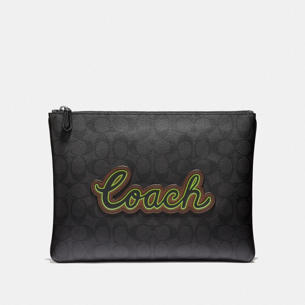 COACH LARGE POUCH IN SIGNATURE CANVAS WITH COACH SCRIPT - BLACK/BLACK MULTI/BLACK ANTIQUE NICKEL - F41350