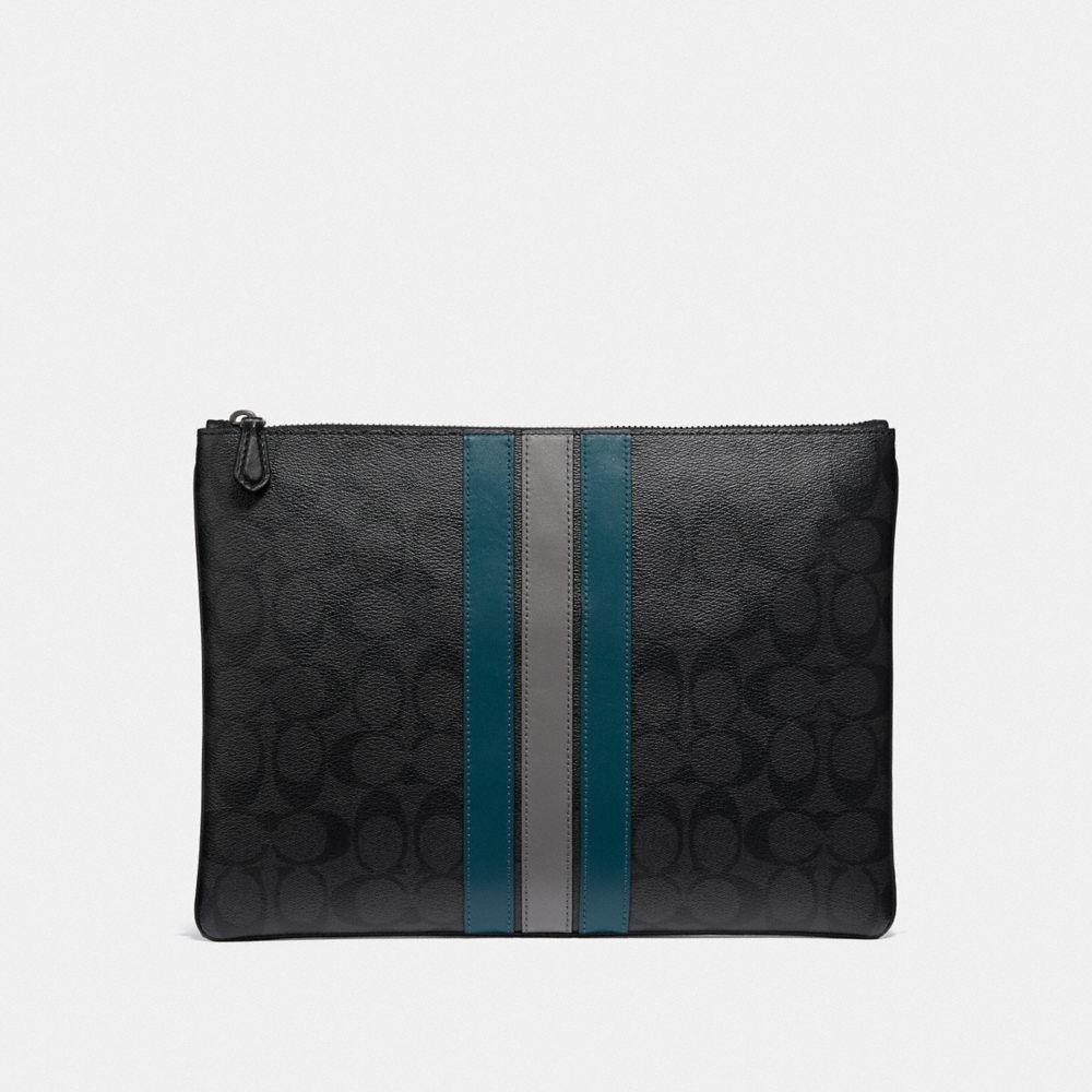 COACH F41380 - LARGE POUCH IN SIGNATURE CANVAS WITH VARSITY STRIPE BLACK BLACK MINERAL/BLACK ANTIQUE NICKEL
