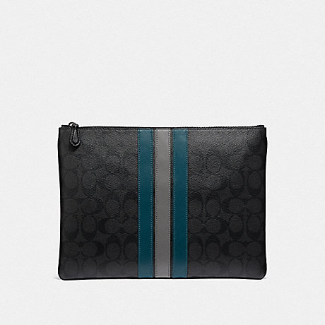 COACH LARGE POUCH IN SIGNATURE CANVAS WITH VARSITY STRIPE - BLACK BLACK MINERAL/BLACK ANTIQUE NICKEL - F41380