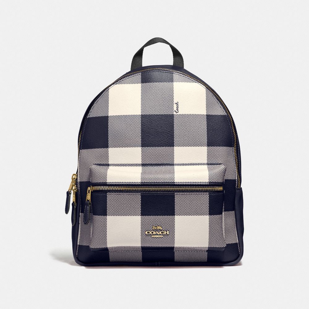 COACH F44953 - MEDIUM CHARLIE BACKPACK WITH BUFFALO PLAID PRINT MIDNIGHT/LIGHT GOLD