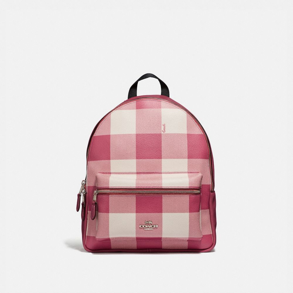 MEDIUM CHARLIE BACKPACK WITH BUFFALO PLAID PRINT - F44953 - STRAWBERRY/SILVER