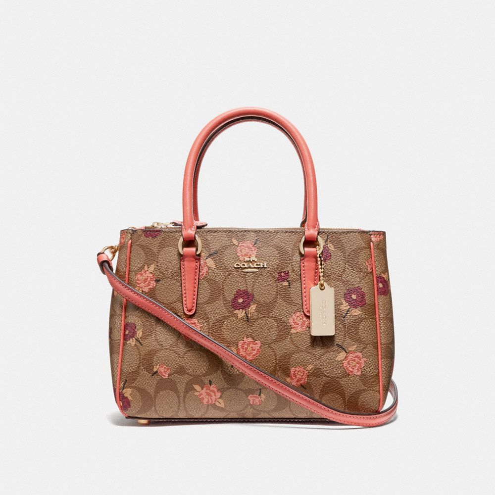 MINI SURREY CARRYALL IN SIGNATURE CANVAS WITH TOSSED PEONY PRINT - F44961 - KHAKI/PINK MULTI/IMITATION GOLD