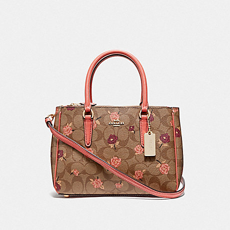 COACH F44961 MINI SURREY CARRYALL IN SIGNATURE CANVAS WITH TOSSED PEONY PRINT KHAKI/PINK-MULTI/IMITATION-GOLD