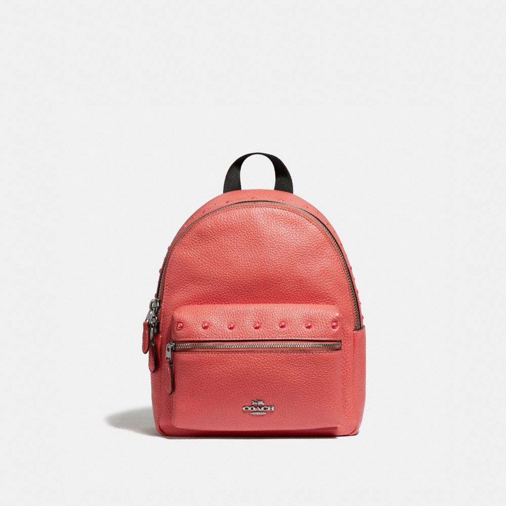 COACH F45070 Mini Charlie Backpack With Studs CORAL/SILVER