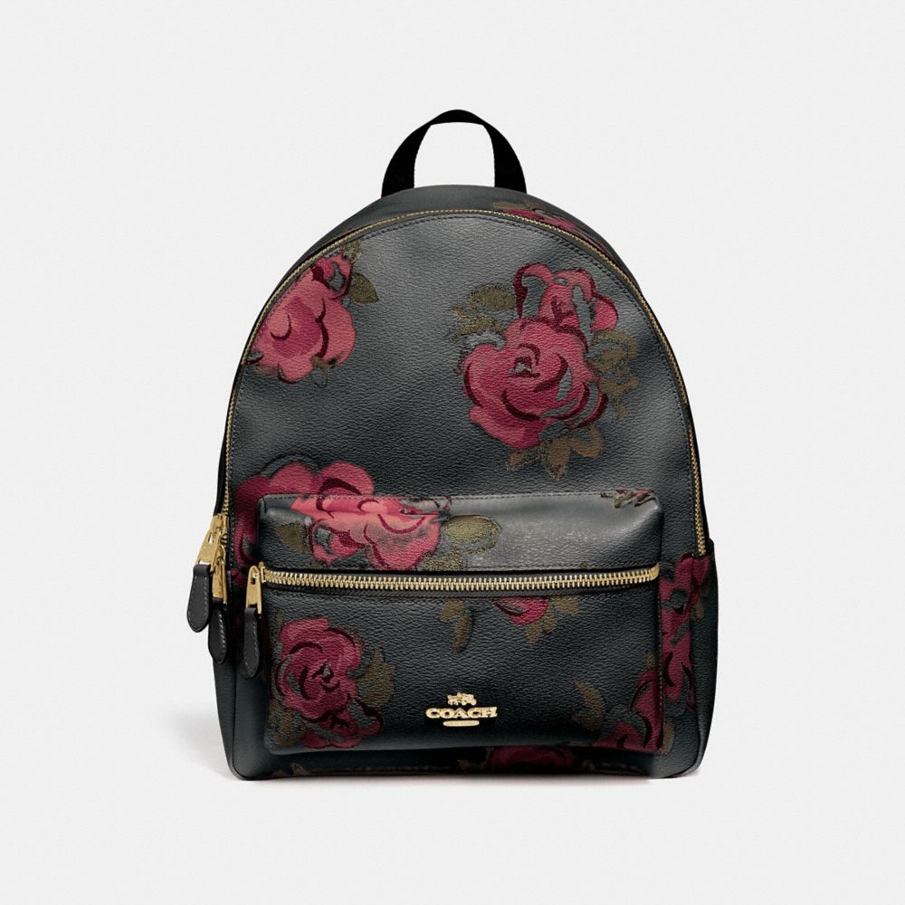 COACH F45313 CHARLIE BACKPACK WITH JUMBO FLORAL PRINT BLACK/CHERRY MULTI/IMITATION GOLD