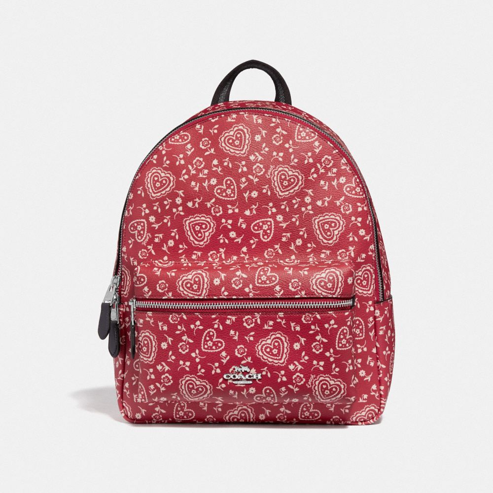 COACH F45315 - MEDIUM CHARLIE BACKPACK WITH LACE HEART PRINT RED MULTI/SILVER