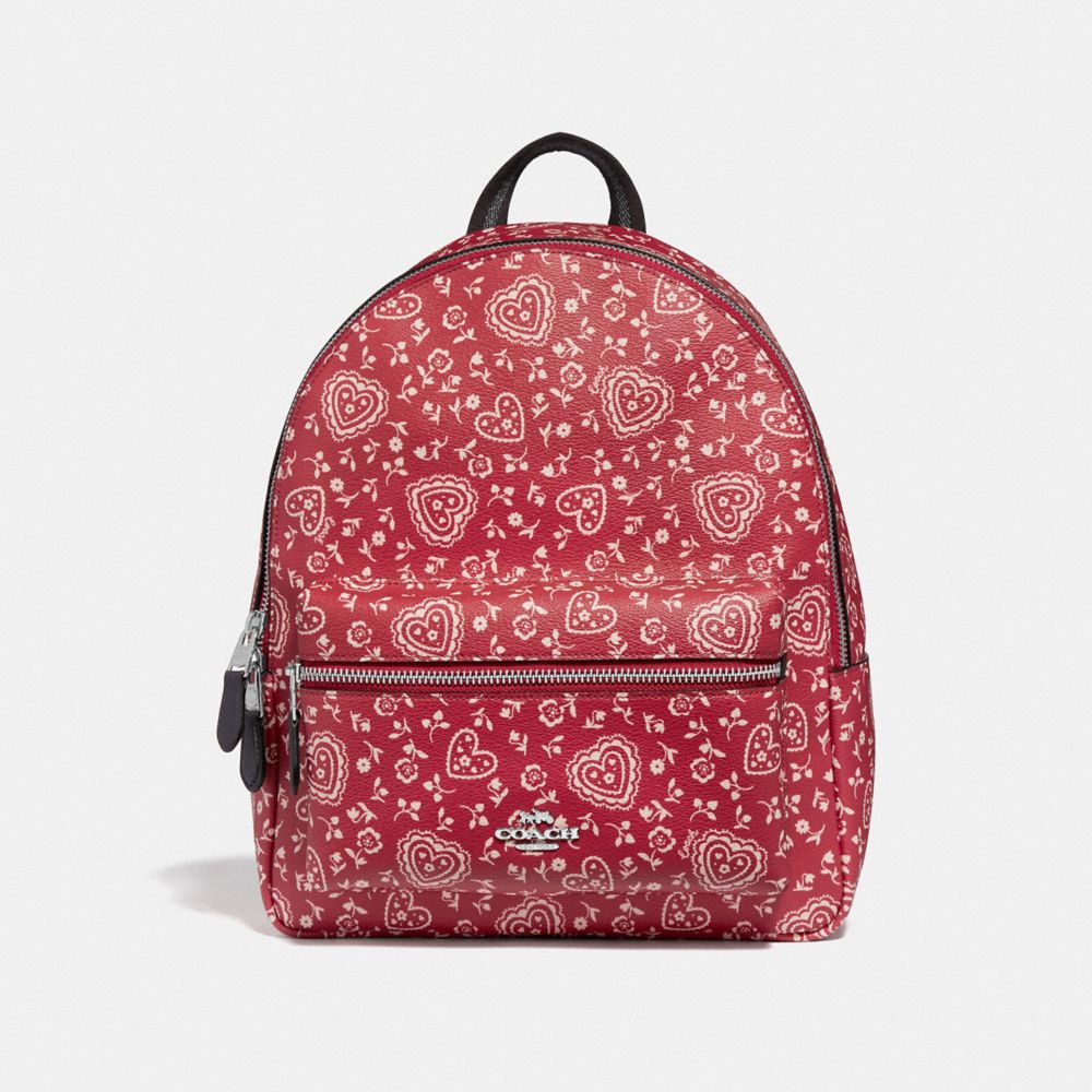 COACH F45315 Medium Charlie Backpack With Lace Heart Print RED MULTI/SILVER