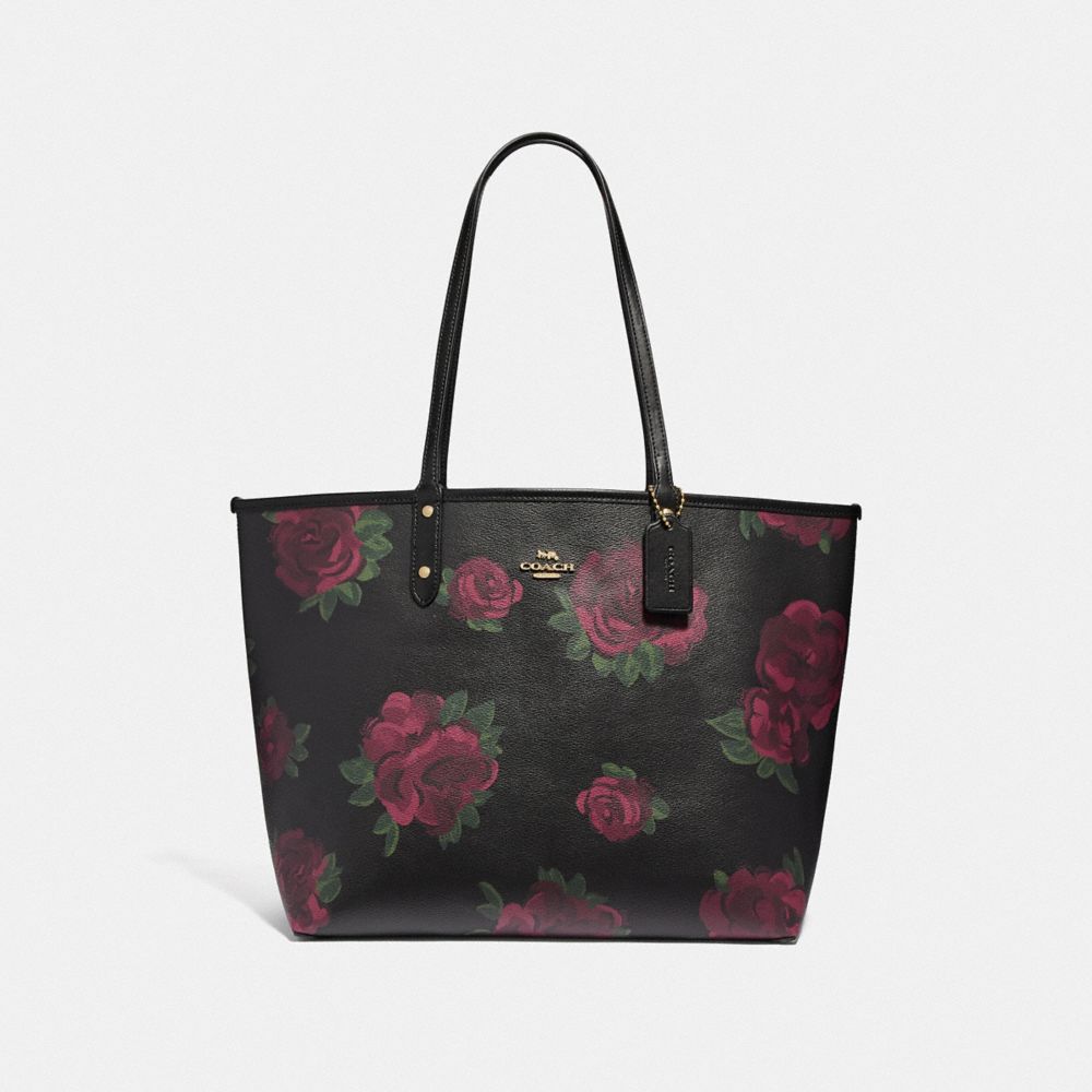 REVERSIBLE CITY TOTE WITH JUMBO FLORAL PRINT - F45317 - BLACK MULTI/BLACK/IMITATION GOLD