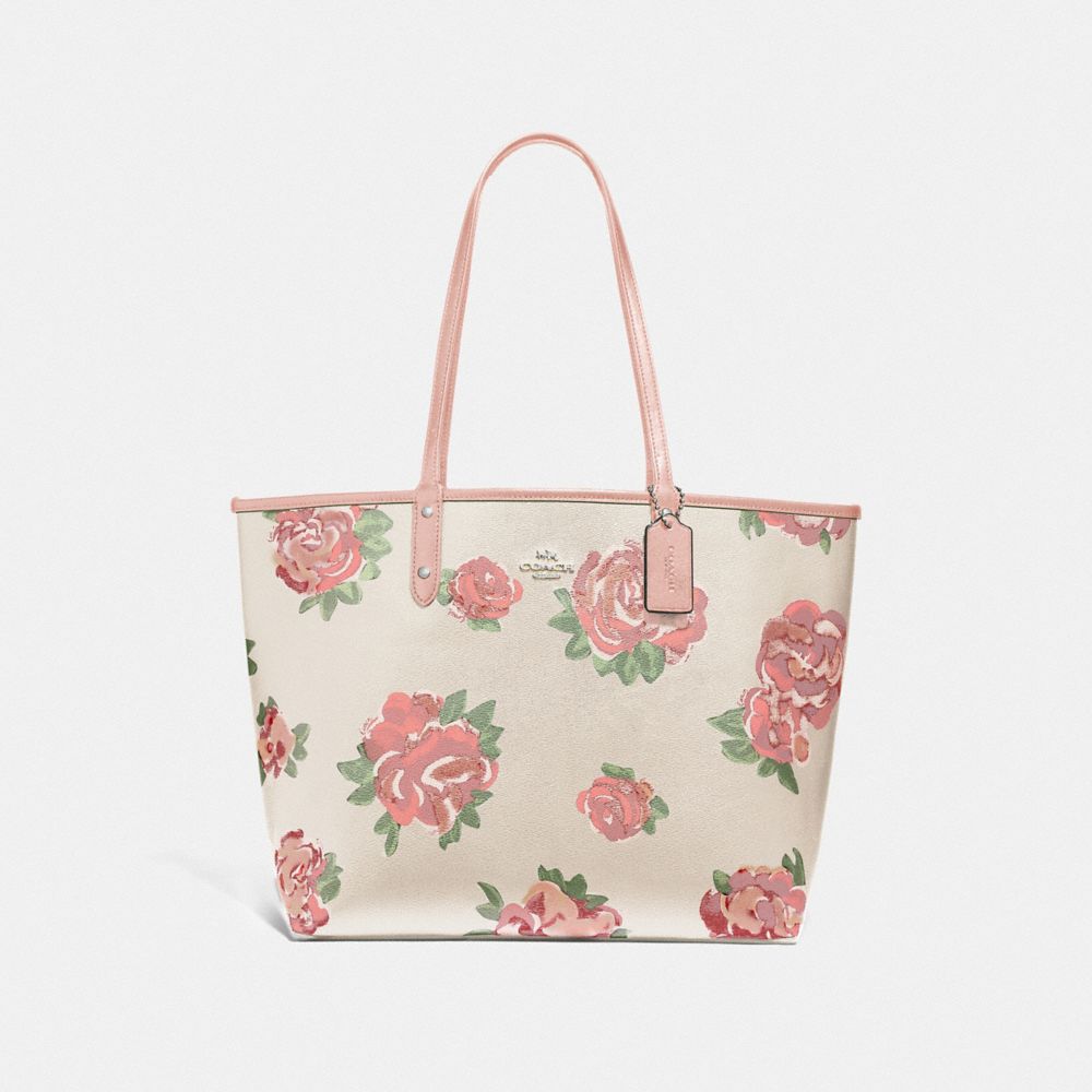 REVERSIBLE CITY TOTE WITH JUMBO FLORAL PRINT - CHALK MULTI/PETAL/SILVER - COACH F45317