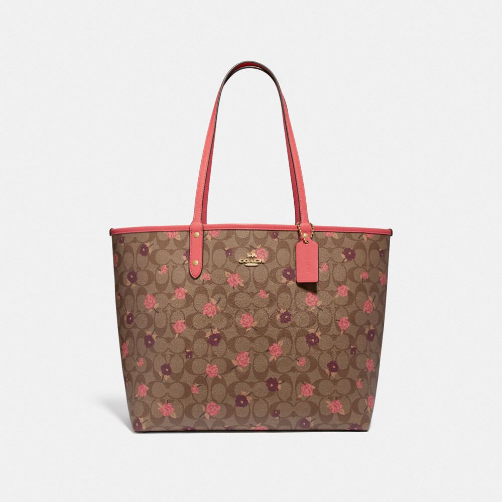 COACH F45348 Reversible City Tote In Signature Canvas With Tossed Peony Print KHAKI/PINK MULTI/IMITATION GOLD