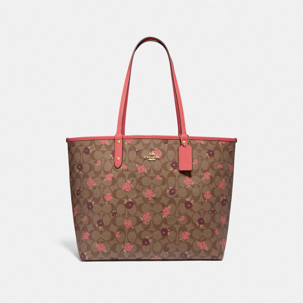 COACH F45348 REVERSIBLE CITY TOTE IN SIGNATURE CANVAS WITH TOSSED PEONY PRINT KHAKI/PINK MULTI/IMITATION GOLD