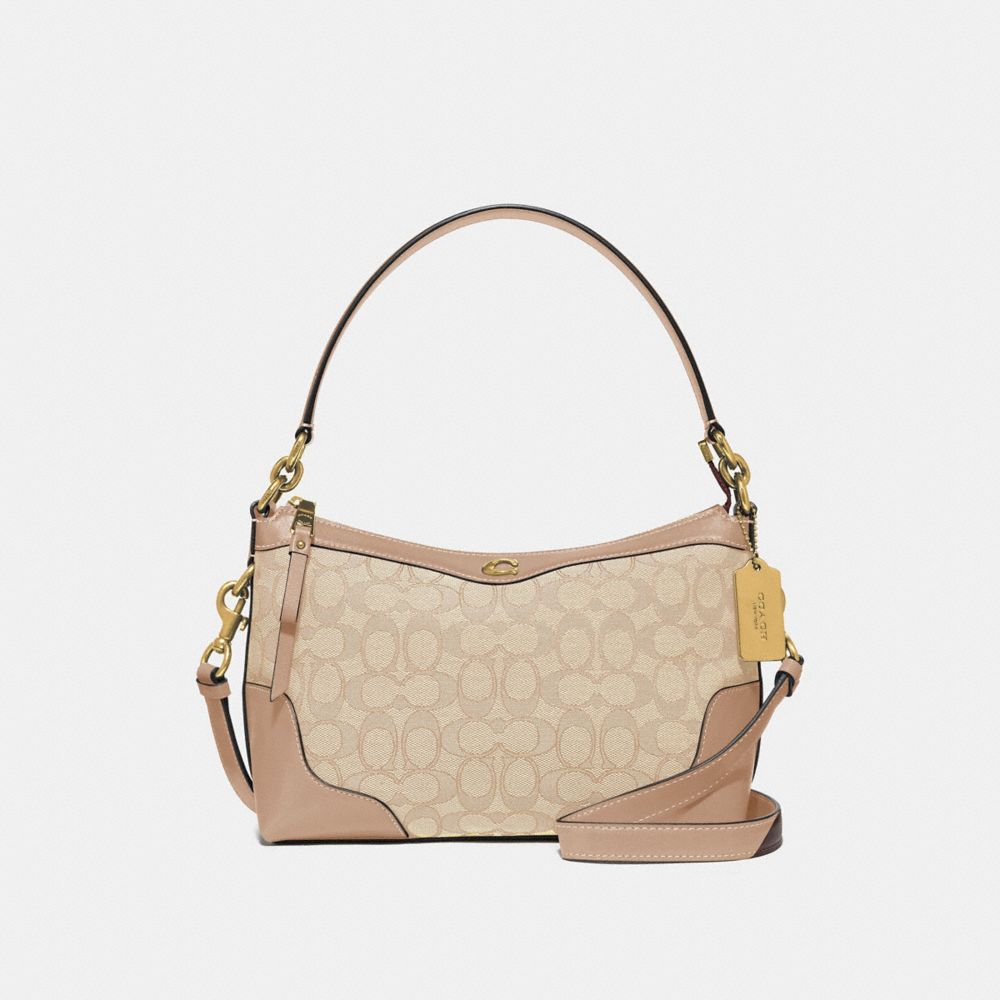 SMALL EAST/WEST IVIE SHOULDER BAG IN SIGNATURE JACQUARD - F46285 - LIGHT KHAKI BEECHWOOD/LIGHT GOLD