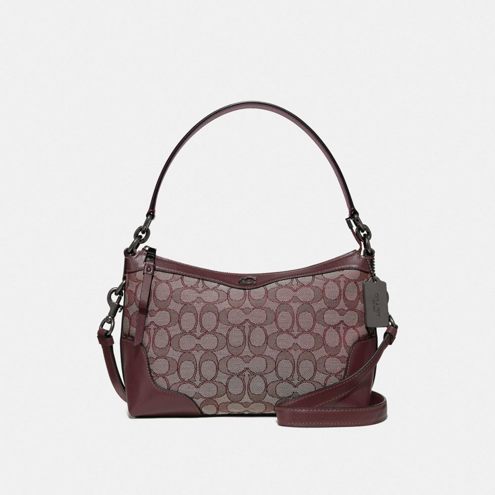 COACH F46285 SMALL EAST/WEST IVIE SHOULDER BAG IN SIGNATURE JACQUARD RASPBERRY/BLACK ANTIQUE NICKEL