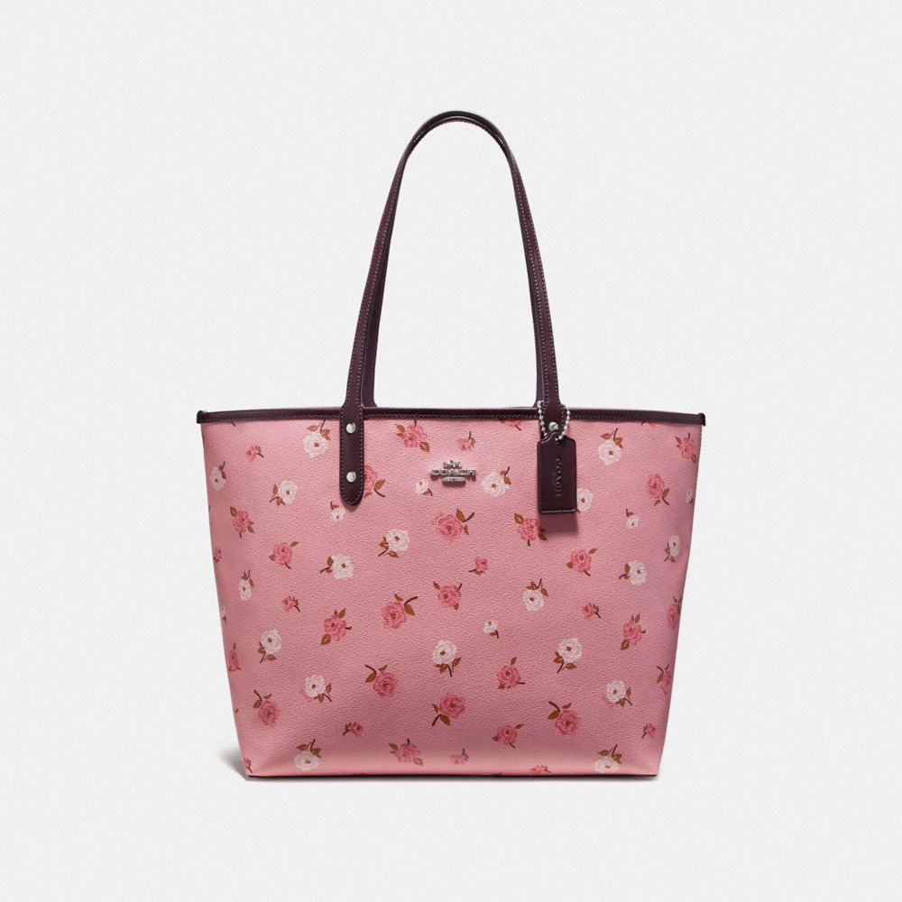 REVERSIBLE CITY TOTE WITH TOSSED PEONY PRINT - F46286 - PETAL MULTI/OXBLOOD/SILVER