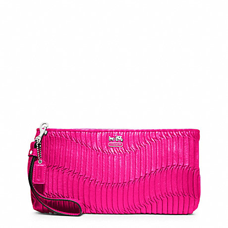 COACH f46914 MADISON GATHERED LEATHER ZIP CLUTCH SILVER/HOT PINK