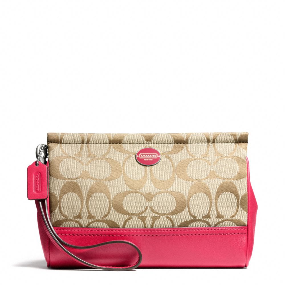 COACH F48442 SIGNATURE LARGE WRISTLET SILVER/LT-KHAKI/PINK-SCARLET