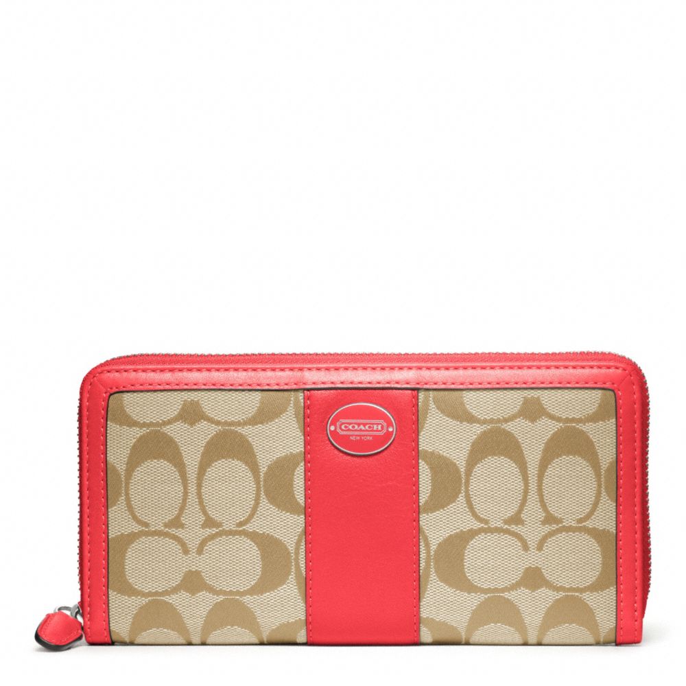 COACH SIGNATURE ACCORDION ZIP WALLET - SILVER/LIGHT KHAKI/BRIGHT CORAL - F48463