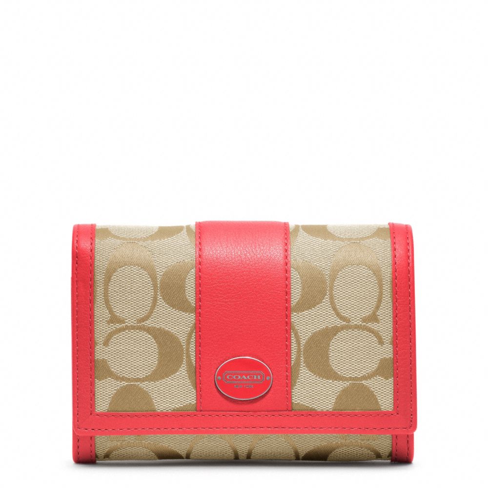 COACH F48465 SIGNATURE COMPACT CLUTCH SILVER/LT-KHAKI/BRIGHT-CORAL