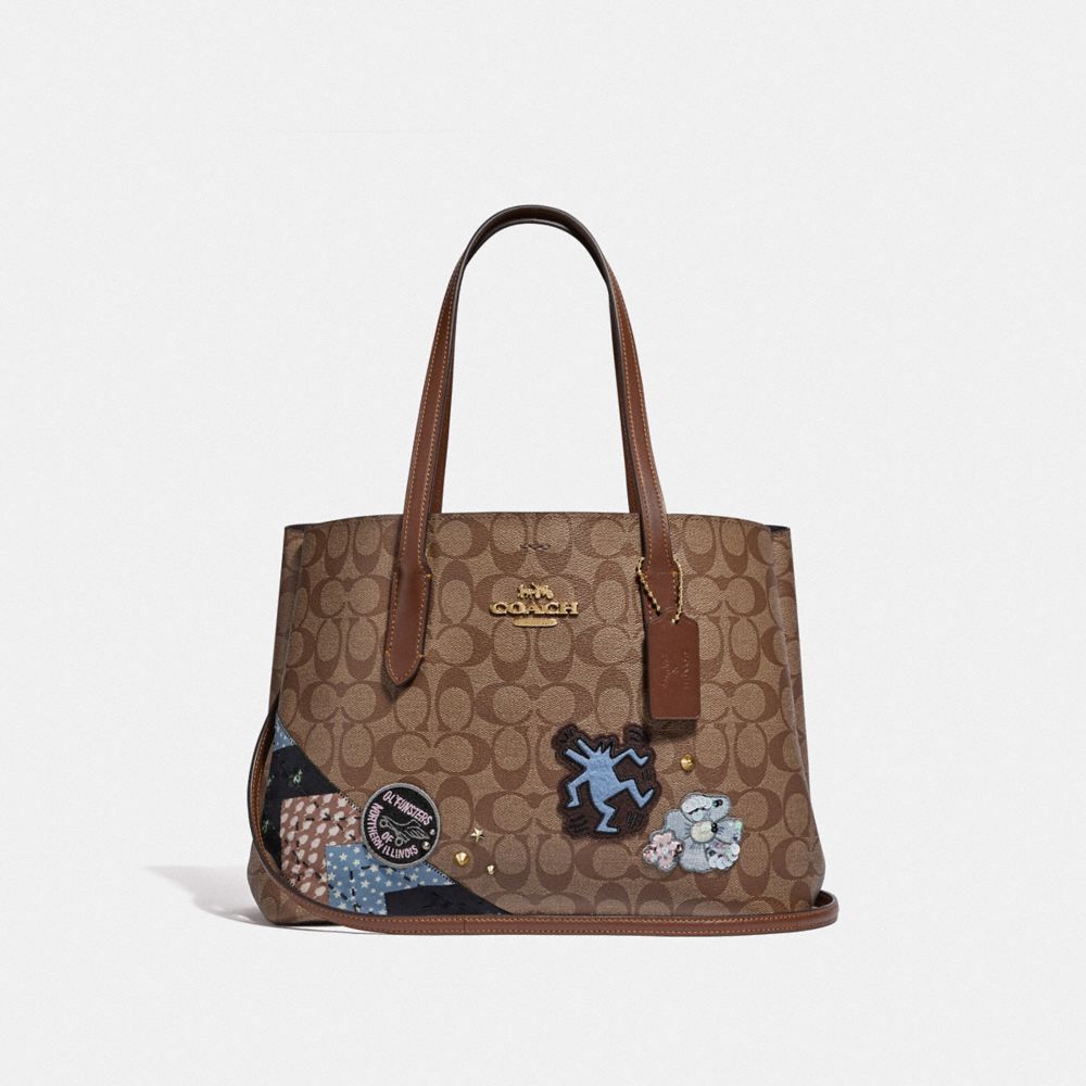 COACH KEITH HARING AVENUE CARRYALL IN SIGNATURE CANVAS WITH PATCHES - KHAKI MULTI /IMITATION GOLD - F48722