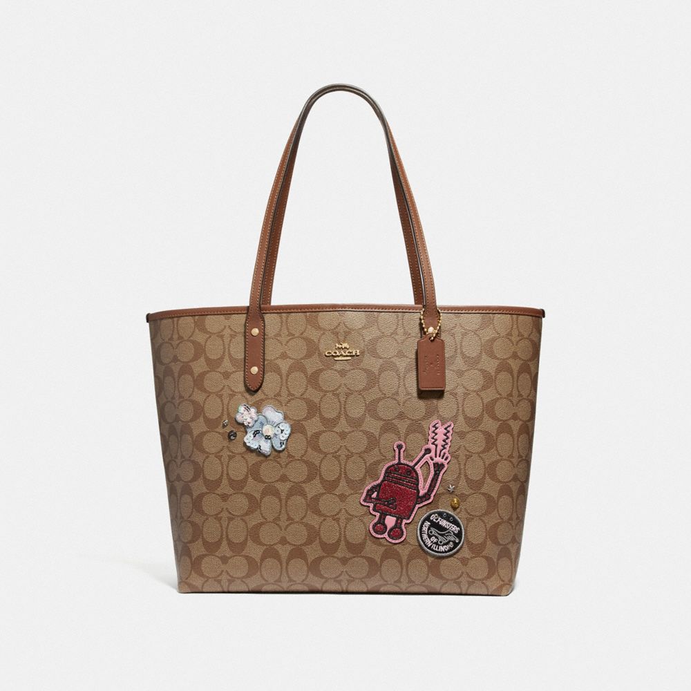 KEITH HARING TOTE IN SIGNATURE CANVAS WITH PATCHES - F48728 - KHAKI MULTI /IMITATION GOLD