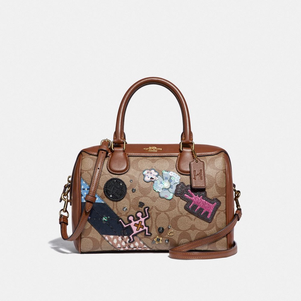 COACH F48729 KEITH HARING MINI BENNETT SATCHEL IN SIGNATURE CANVAS WITH PATCHES KHAKI MULTI /IMITATION GOLD