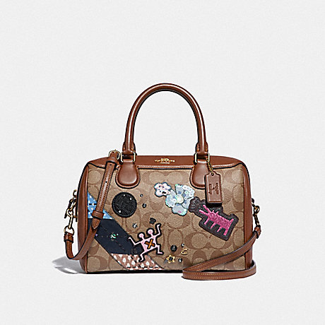 COACH KEITH HARING MINI BENNETT SATCHEL IN SIGNATURE CANVAS WITH PATCHES - KHAKI MULTI /IMITATION GOLD - F48729