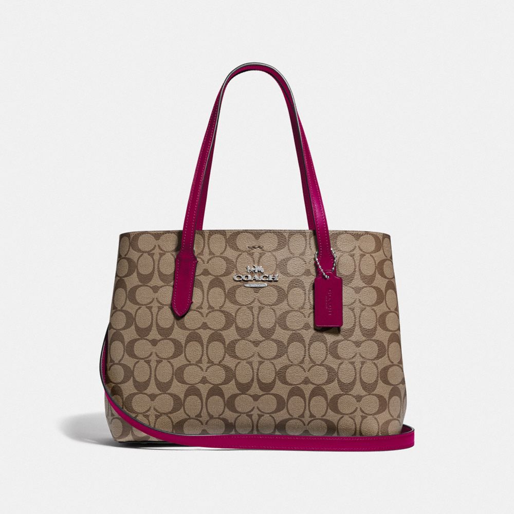 COACH F48735 AVENUE CARRYALL IN SIGNATURE CANVAS SV/KHAKI-DARK-FUCHSIA