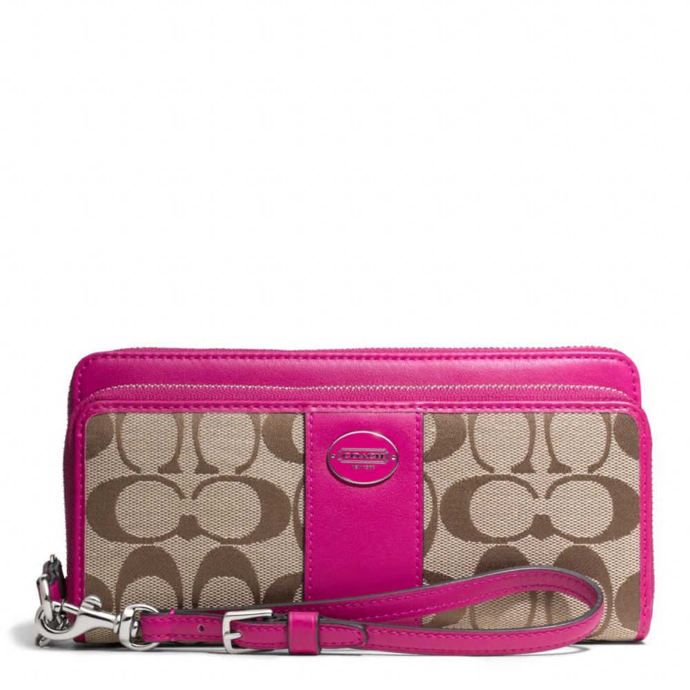 COACH F48748 Signature Fabric Double Zip Accordion Wallet SILVER/KHAKI/BRIGHT MAGENTA