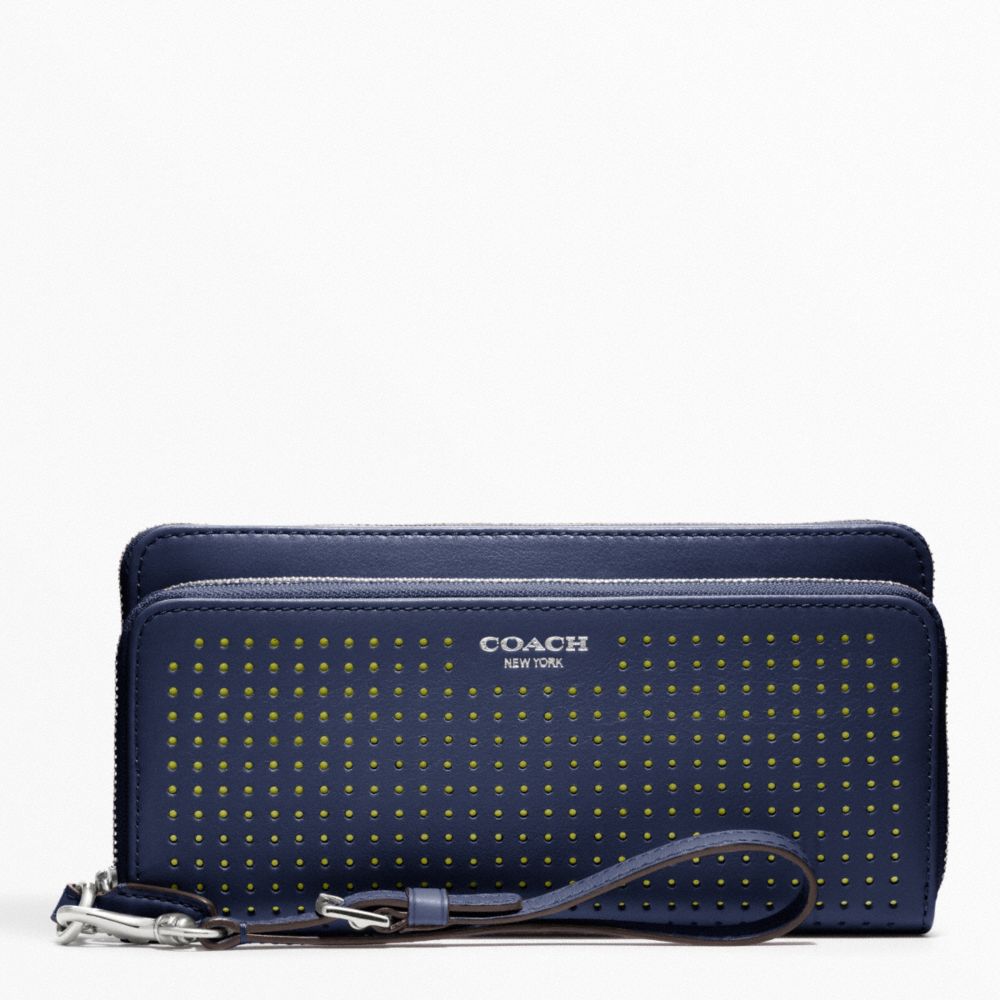 PERFORATED LEATHER DOUBLE ACCORDION ZIP - SILVER/NAVY/BRIGHT CITRINE - COACH F49000
