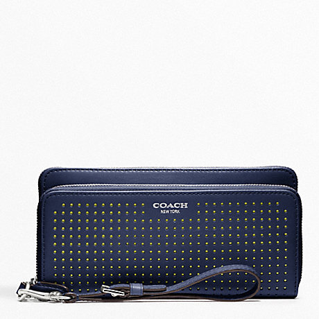 COACH F49000 PERFORATED LEATHER DOUBLE ACCORDION ZIP SILVER/NAVY/BRIGHT-CITRINE