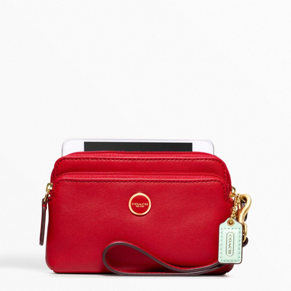 COACH F49053 Poppy Leather Double Zip Wristlet BRASS/CHERRY