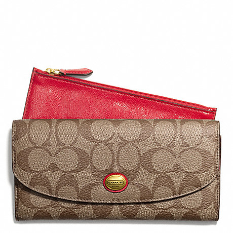 COACH PEYTON SIGNATURE SLIM ENVELOPE WITH POUCH - BRASS/KHAKI/RED - f49154