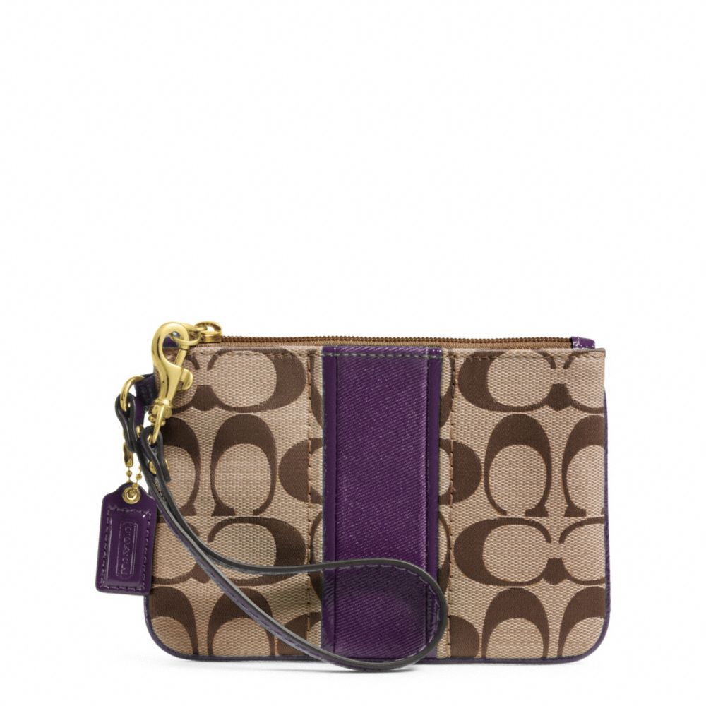 COACH F49174 Signature Stripe Small Wristlet BRASS/KHAKI/PURPLE