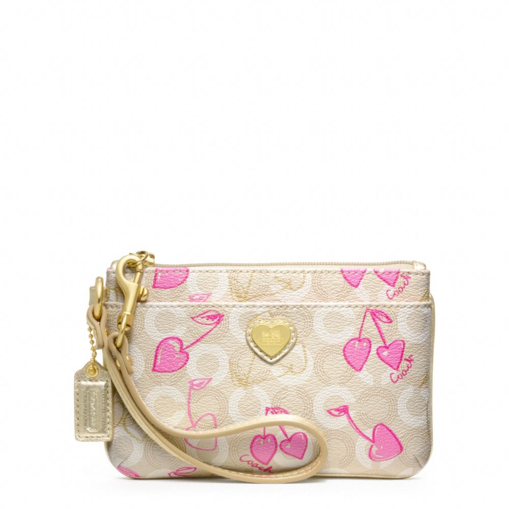 COACH f49240 WAVERLY CHERRY SMALL WRISTLET BRASS/KHAKI/PINK