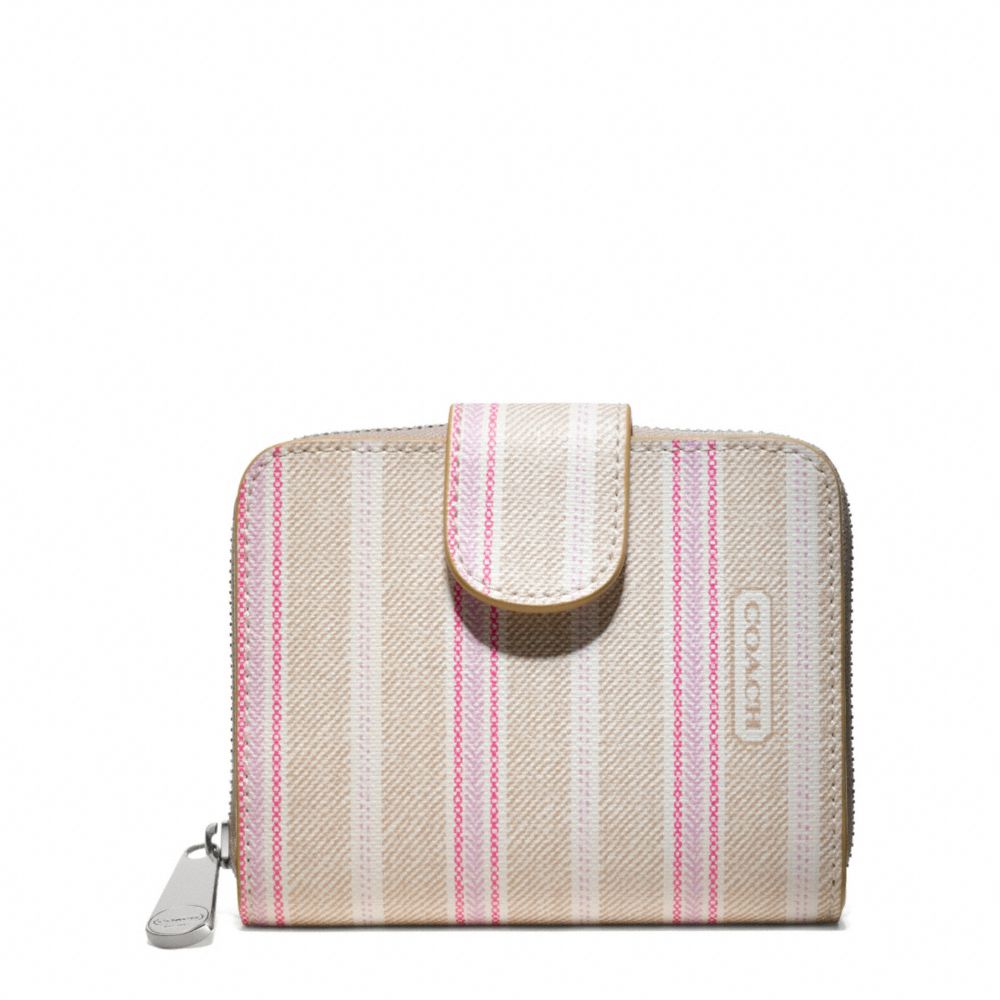 WEEKEND TICKING STRIPE MEDIUM ZIP AROUND - SILVER/KHAKI PINK - COACH F49251