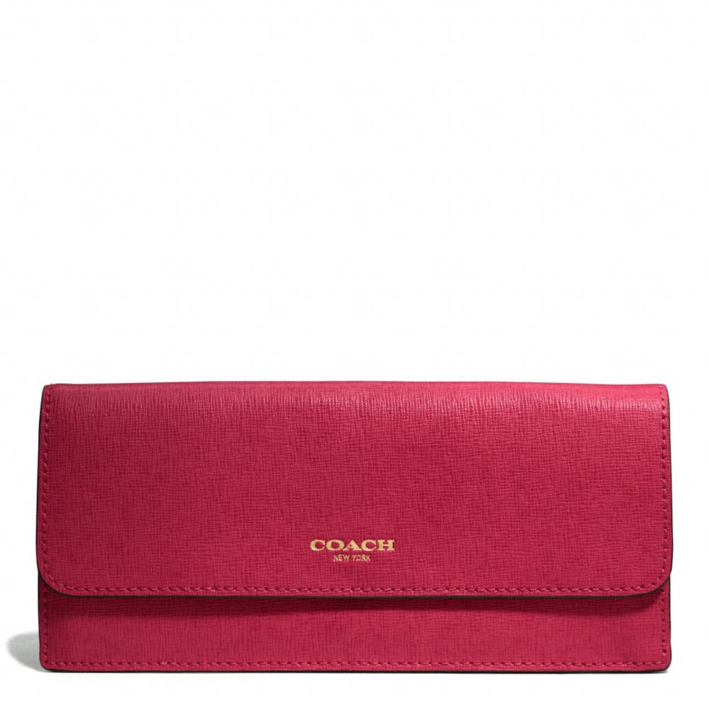 COACH SAFFIANO LEATHER NEW SOFT WALLET - BRASS/SCARLET - F49350