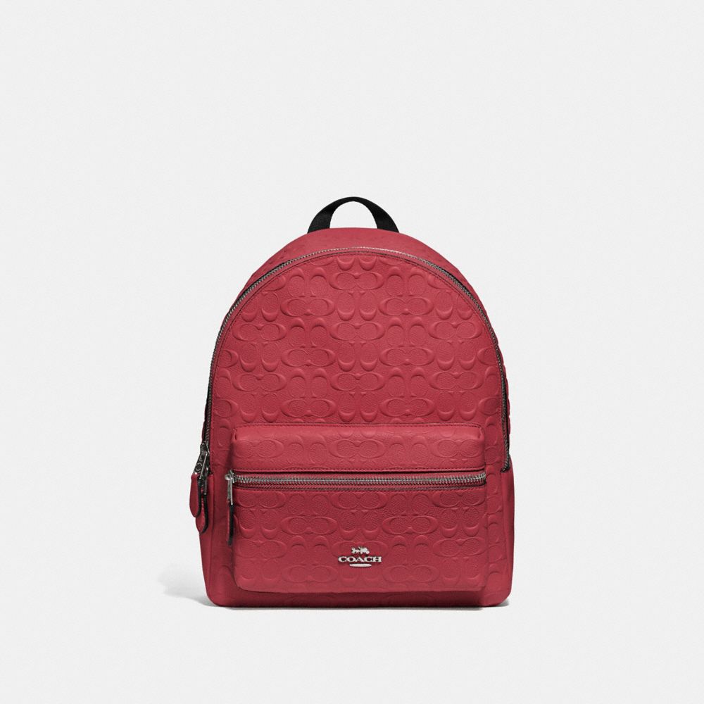 MEDIUM CHARLIE BACKPACK IN SIGNATURE LEATHER - F49498 - WASHED RED/SILVER
