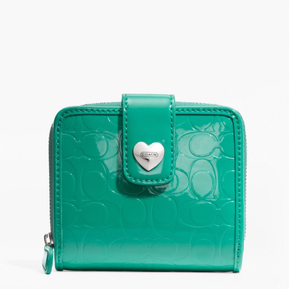 COACH F49510 EMBOSSED LIQUID GLOSS SLIM MEDIUM WALLET SILVER/BRIGHT-JADE